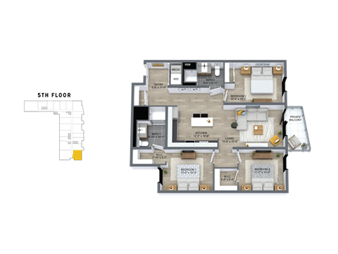 Floor plan for 3 beds, 2 baths, 1265 sqft